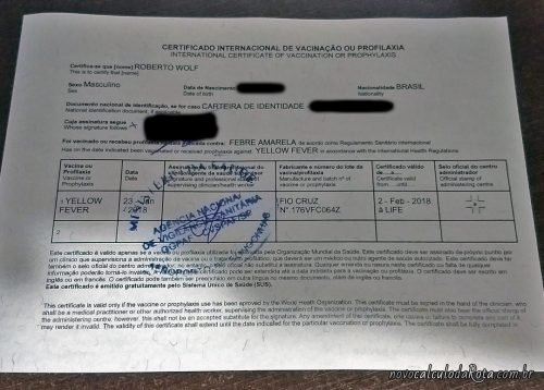 Exemplo do Certificado Internacional de Vacinação ou Profilaxia - CIVP