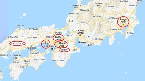 Mapa Roteiro Japão: Tokyo, Hiroshima, Himeji, Osaka, Nara e Kyoto