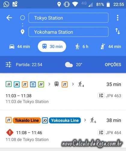 Usando o app Google Maps no Japão para ver preços dos trens